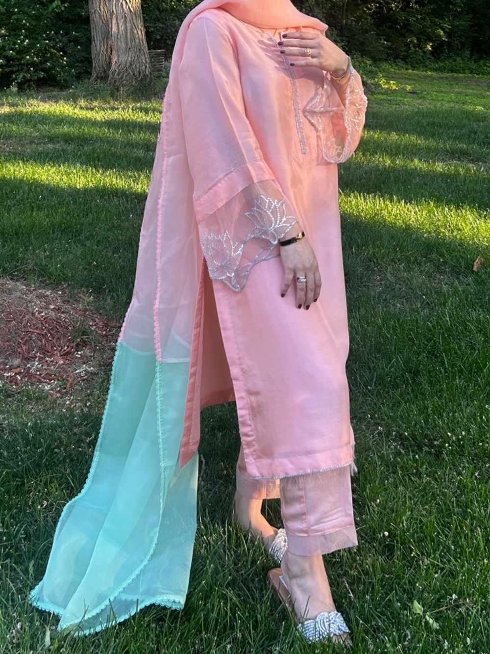 Pastel Pink Kurta Set with Mint and pastel pink organza Dupatta